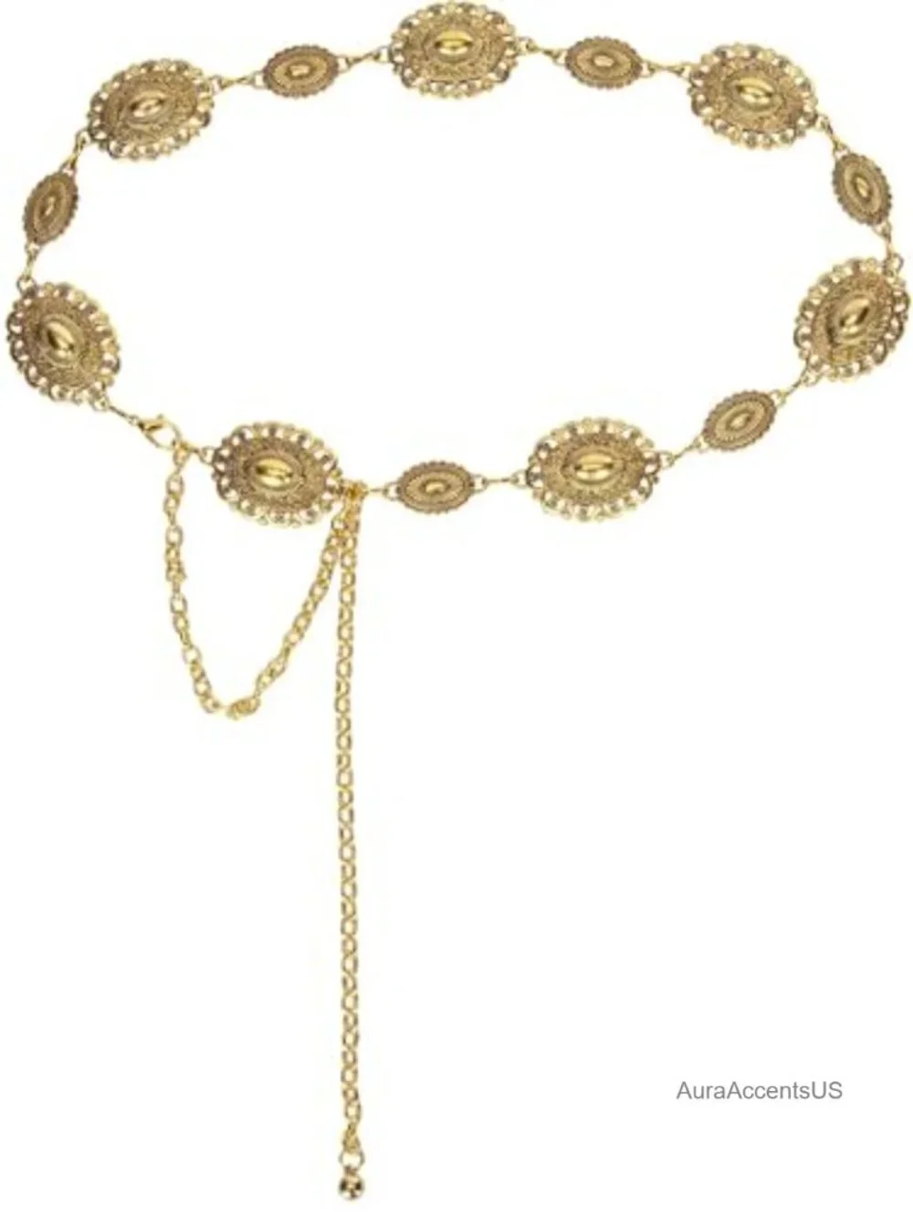 Western Concho Chain Belt - Fashion Gold Metal Waist Belt for Dresses Jeans